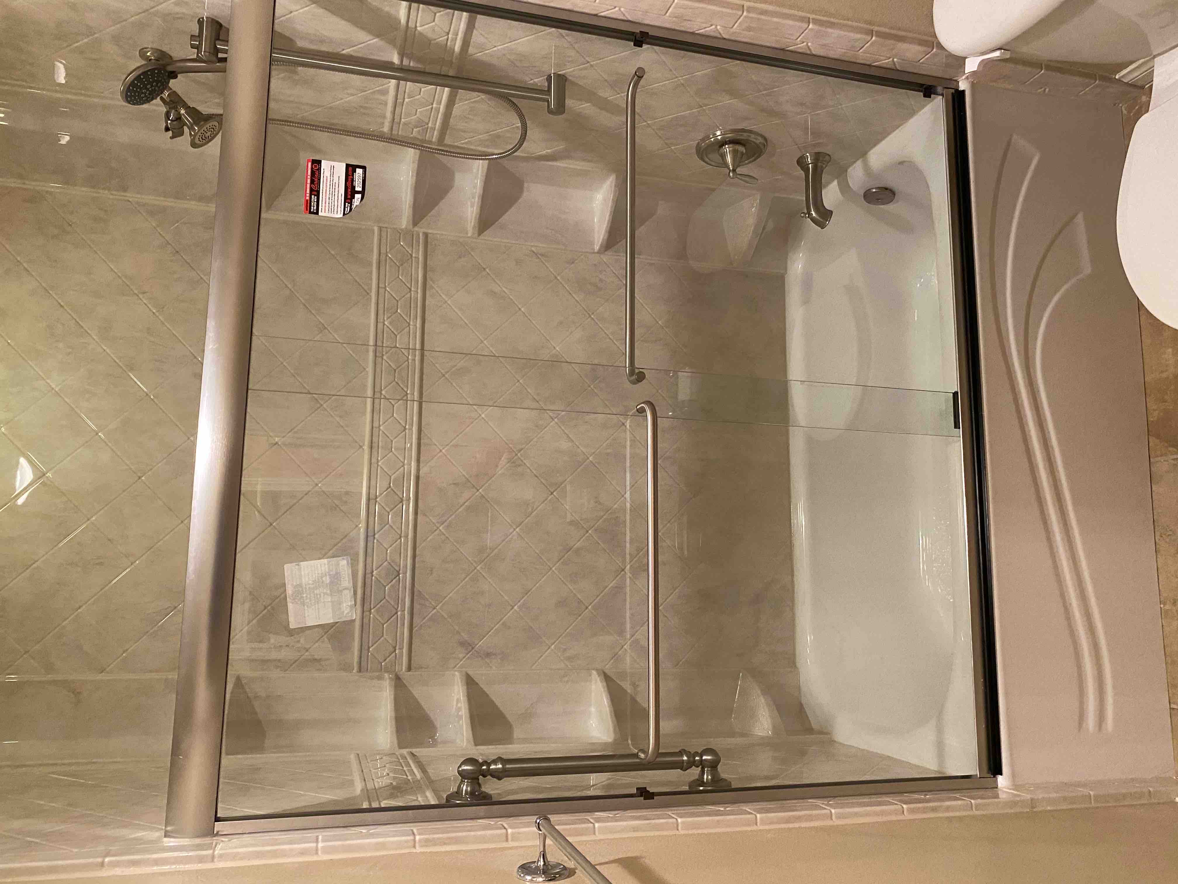 4 BCI Shower Wall Panels with Brushed Nickel Trim & 2 Corner Caddies